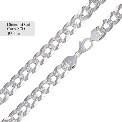 925 Sterling Silver Curb 300 1 Side Diamond Cut 1 Side Plain Chain or Bracelet 10.8mm