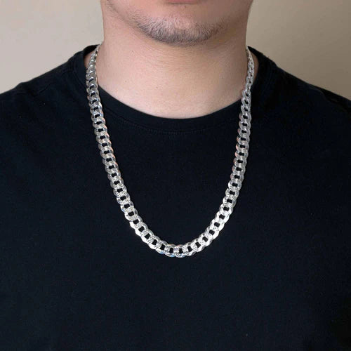 925 Sterling Silver Curb 300 1 Side Diamond Cut 1 Side Plain Chain or Bracelet 10.8mm