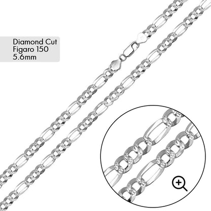 925 Sterling Silver Diamond Cut Figaro 150 Bracelet and Chain 5.6mm
