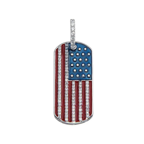 925 Sterling Silver Rhodium Plated CZ American Flag Dog Tag Hip Hop Pendant