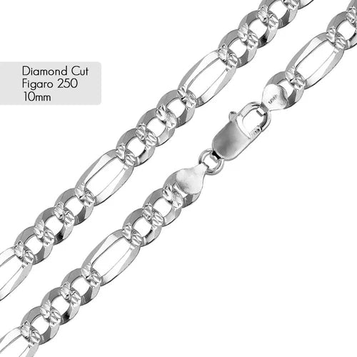 925 Sterling Silver Diamond Cut Figaro 250 10mm Chain or Bracelet