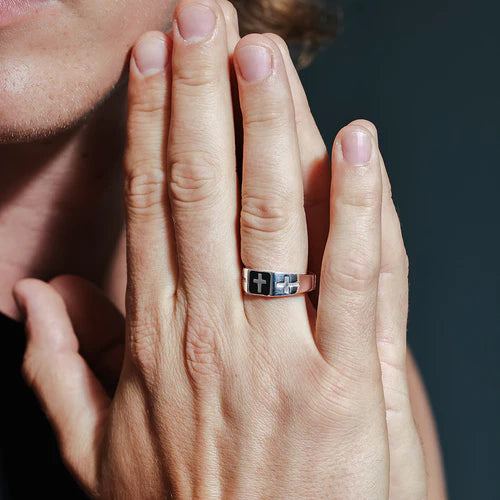 925 Sterling Silver Rhodium Plated Black Enamel Cross Ring