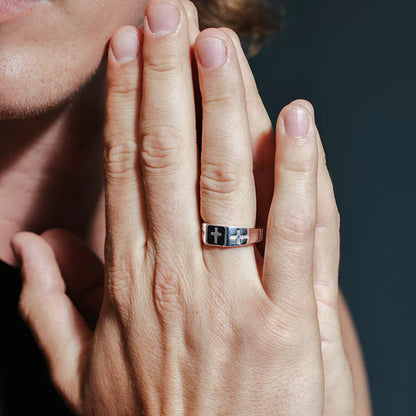 925 Sterling Silver Rhodium Plated Black Enamel Cross Ring