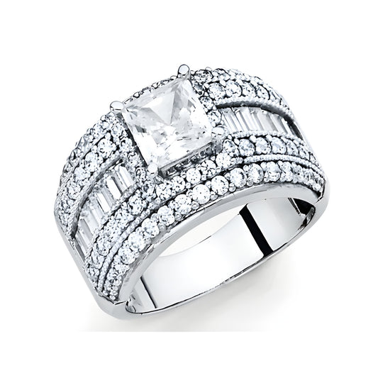1.25 ct  Princess-Cut with Baguette & Round-Cut CZ Engagement Ring in 14K White Gold