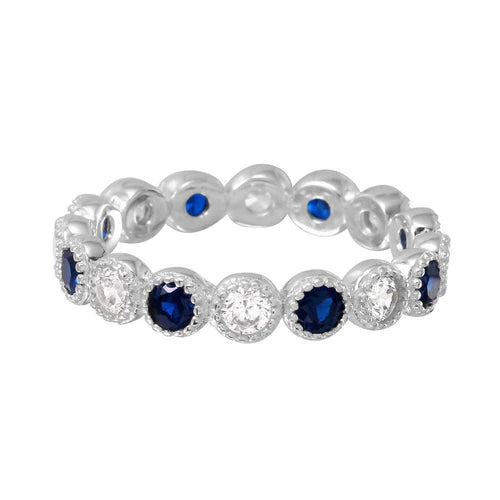 925 Sterling Silver Rhodium Plated Round Eternity Stackable Blue CZ Ring