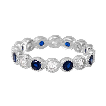 925 Sterling Silver Rhodium Plated Round Eternity Stackable Blue CZ Ring