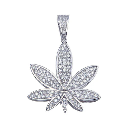 925 Sterling Silver Rhodium Plated CZ Marijuana Hip Hop Pendant