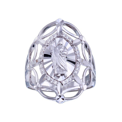 925 Sterling Silver Rhodium Plated Saint Jude CZ Filigree Ring