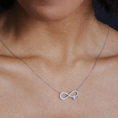 925 Sterling Silver Rhodium Plated Infinity Mom Charm Clear CZ Necklace