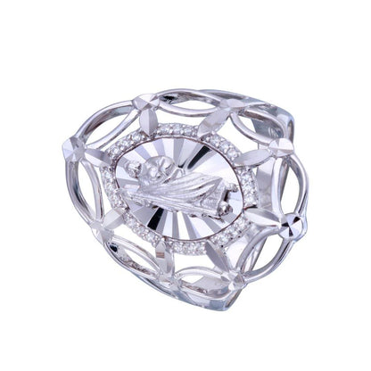 925 Sterling Silver Rhodium Plated Saint Jude CZ Filigree Ring