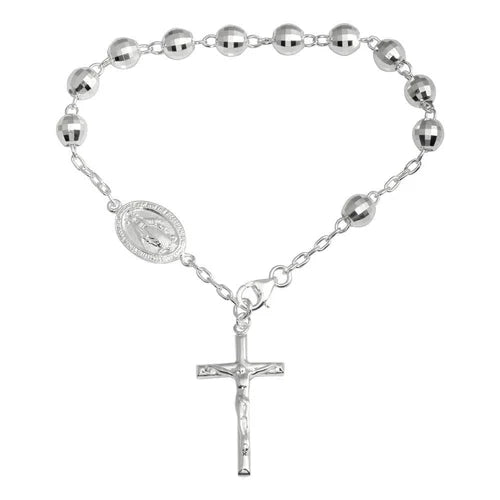 925 Sterling Silver High Polished  Diamond Cut Rosary Bracelet