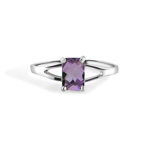 925 Sterling Silver Rhodium Plated Emerald Cut Birthstone Ring