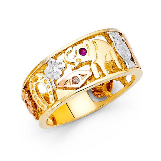 14K Women’s Tri-Color Good Luck Ring with CZ and Synthetic Ruby
