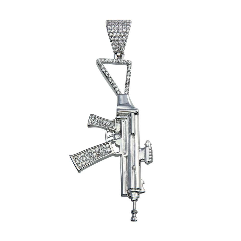 925 Sterling Silver Rhodium Plated CZ Gun Hip Hop Pendant