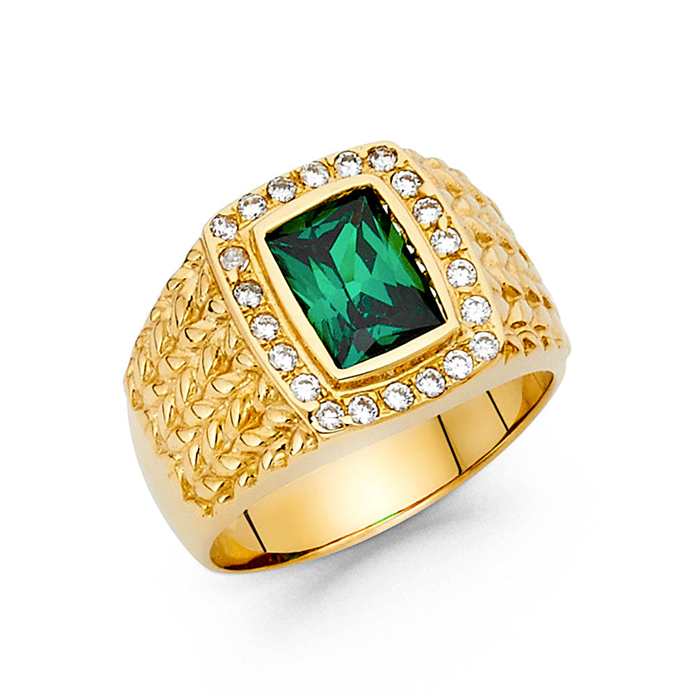 14K Yellow Gold Men's Ring with Synthetic Emerald-Cut Green Stone and Cubic Zirconia