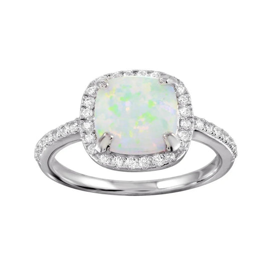 925 Sterling Silver Rhodium Plated Square Halo Opal CZ Ring