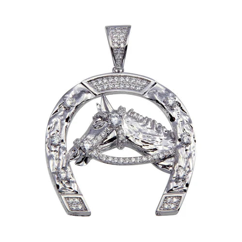 925 Sterling Silver Rhodium Plated Horse and Horseshoe Hip Hop Pendant