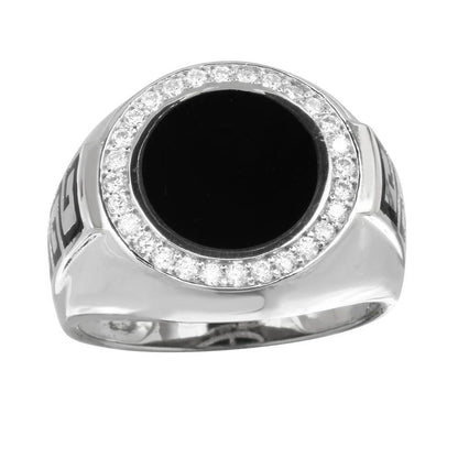 925 Sterling Silver Rhodium Plated Men's Round Flat Round Onyx Ring with CZ