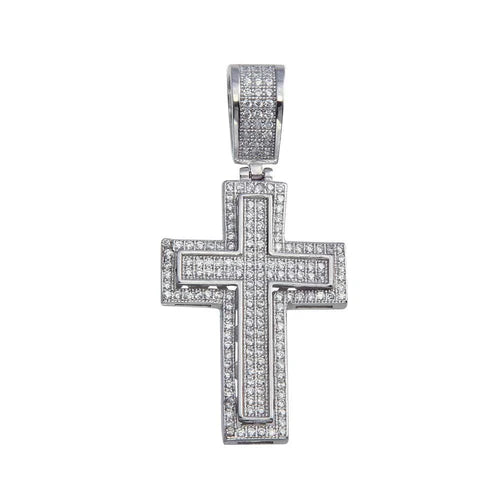 925 Sterling Silver Rhodium Plated CZ Cross Bordered Hip Hop Pendant