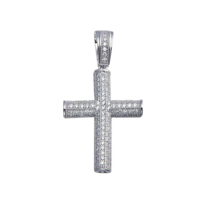 925 Sterling Silver Rhodium Plated CZ Tube Cross Hip Hop Pendant