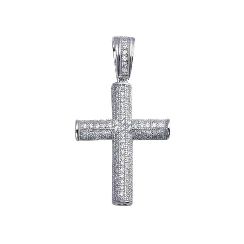 925 Sterling Silver Rhodium Plated CZ Tube Cross Hip Hop Pendant
