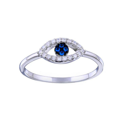 925 Sterling Silver Rhodium Plated Blue and Clear CZ Evil Eye Ring