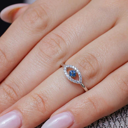 925 Sterling Silver Rhodium Plated Blue and Clear CZ Evil Eye Ring