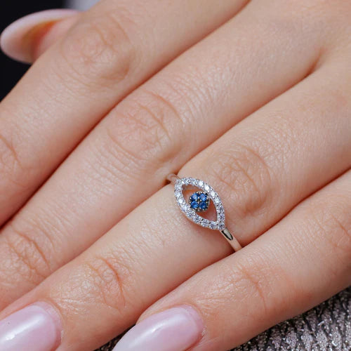 925 Sterling Silver Rhodium Plated Blue and Clear CZ Evil Eye Ring