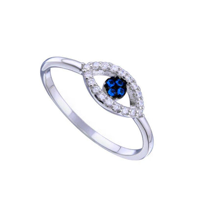 925 Sterling Silver Rhodium Plated Blue and Clear CZ Evil Eye Ring