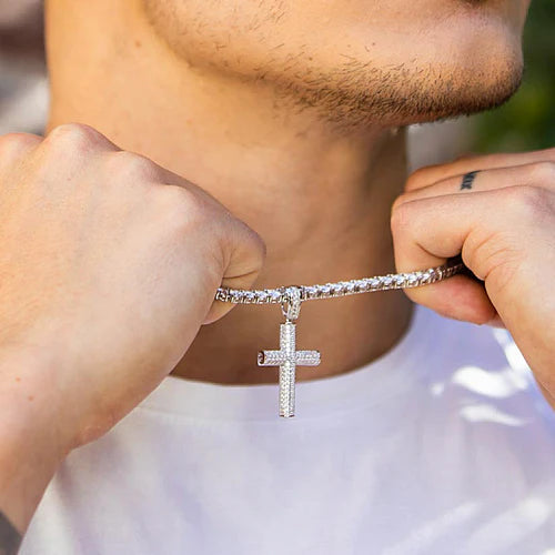 925 Sterling Silver Rhodium Plated CZ Tube Cross Hip Hop Pendant