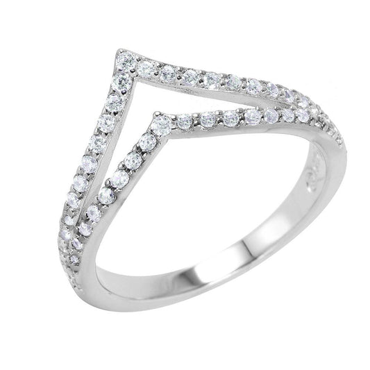 925 Sterling Silver Rhodium Plated Clear Pave Set CZ Double Chevron Ring