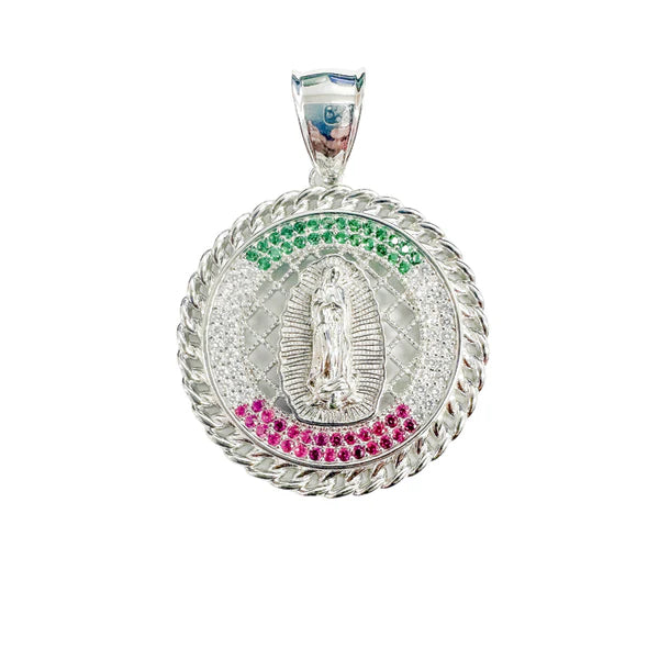 925 Sterling Silver Rhodium Plated Our Lady of Guadalupe Clear Green and Red CZ 29mm Pendant