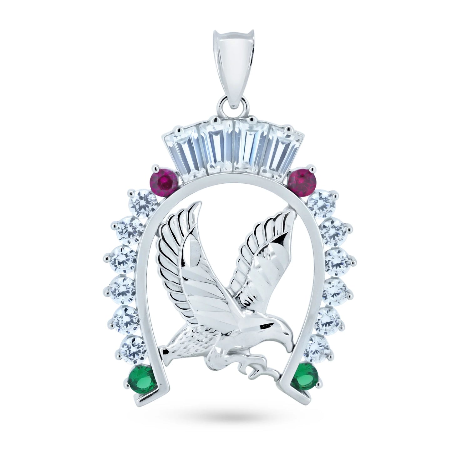 925 Sterling Silver Rhodium Plated CZ Horse Shoe Eagle Center Pendant