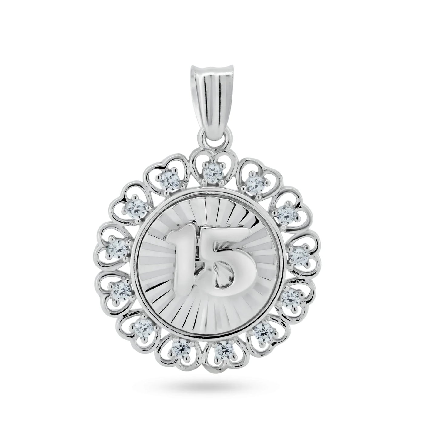 925 Sterling Silver Rhodium Plated CZ Disc Quinceanera Pendant