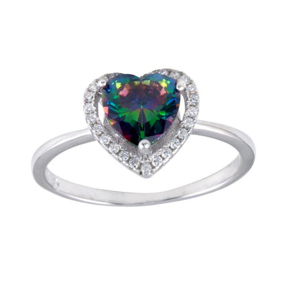 925 Sterling Silver Rhodium Plated Heart Synthetic Mystic Topaz CZ Ring