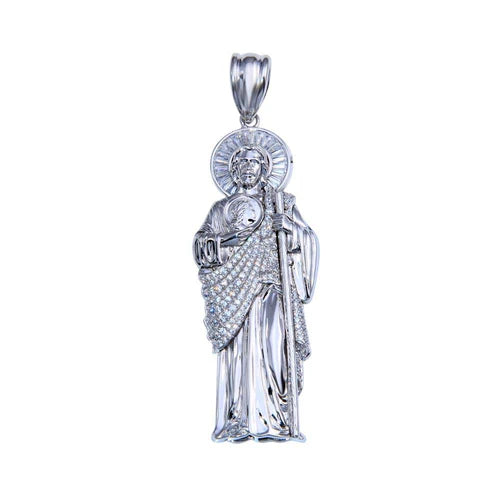 925 Sterling Silver Rhodium Plated Clear CZ St Jude Pendant 51mm