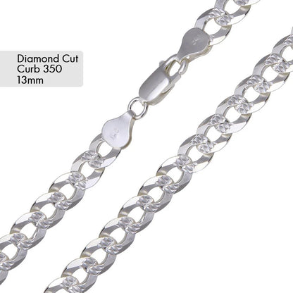 925 Sterling Silver Curb 350 1 Side Diamond Cut 1 Side Plain Chain or Bracelet 13mm