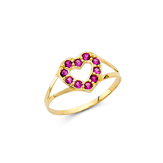 14K Yellow Gold Children’s Open Heart Ring accented with Synthetic Ruby Stones