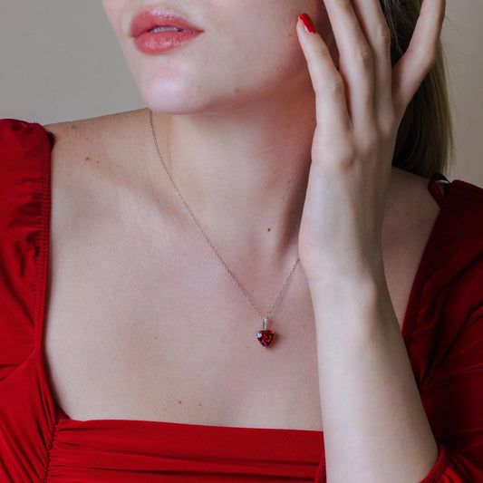 925 Sterling Silver Rhodium Plated Red Heart CZ Necklace
