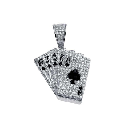 925 Sterling Silver Rhodium Plated CZ Royal Flush Hip Hop Pendant