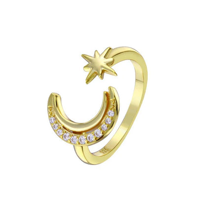 925 Sterling Silver Gold Plated Cresent Moon and Star CZ Ring