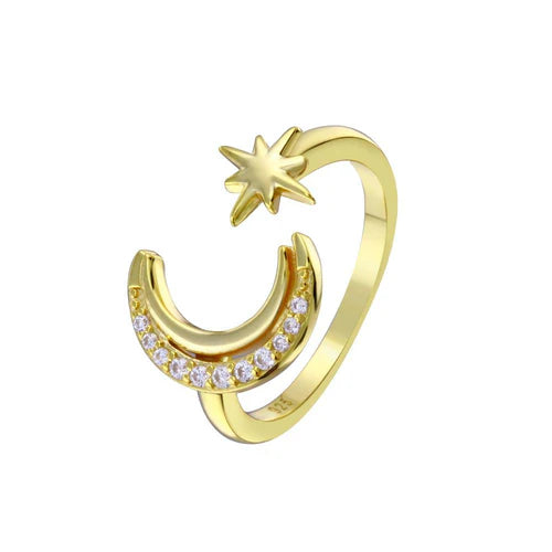 925 Sterling Silver Gold Plated Cresent Moon and Star CZ Ring