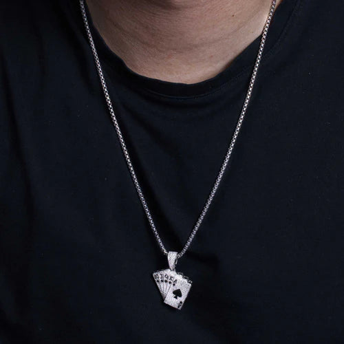 925 Sterling Silver Rhodium Plated CZ Royal Flush Hip Hop Pendant