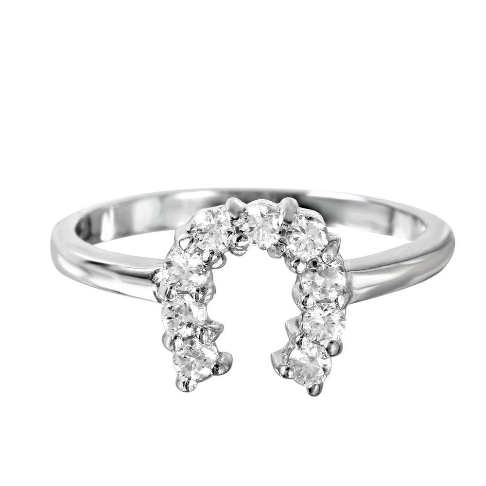 925 Sterling Silver Rhodium Plated Lucky Horseshoe CZ Ring