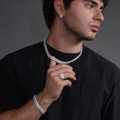 925 Sterling Silver Rhodium Plated CZ Encrusted Miami Cuban Link 13mm Chain or Bracelet