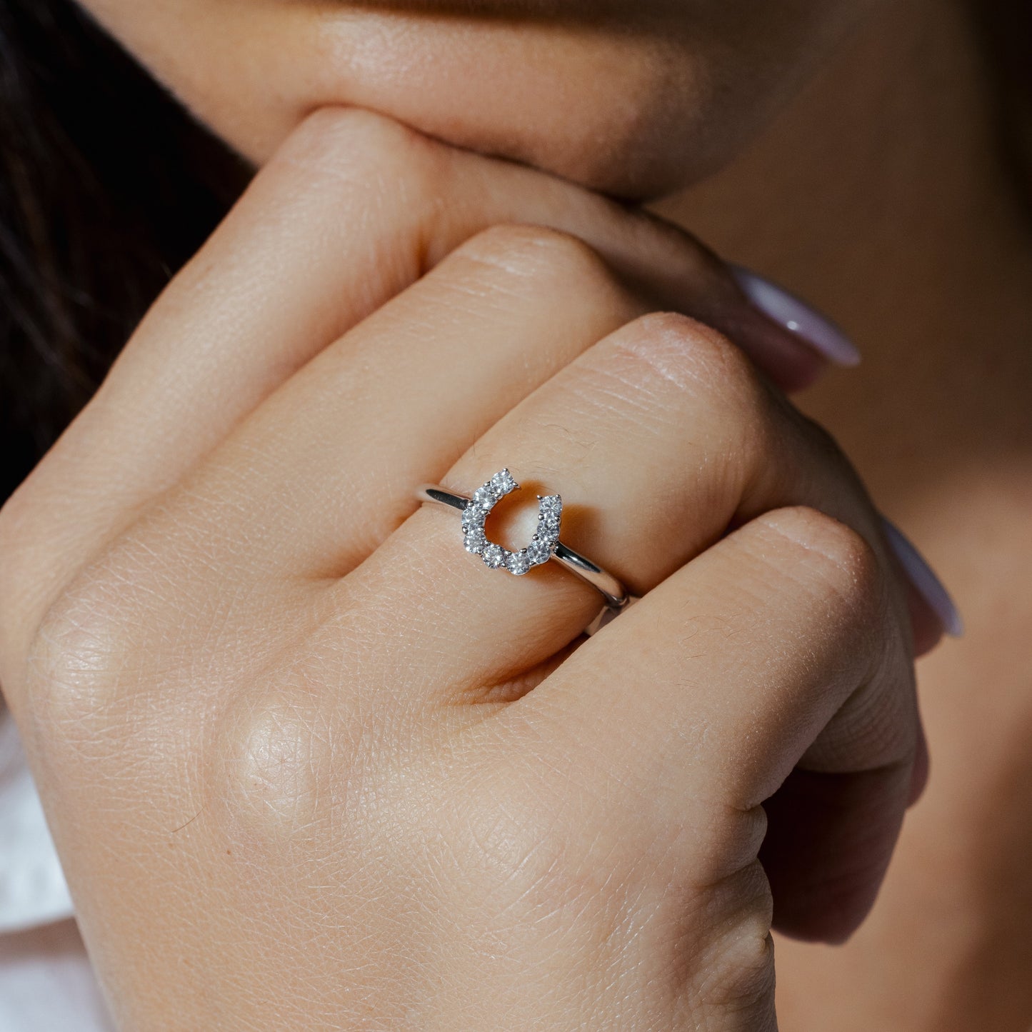 925 Sterling Silver Rhodium Plated Lucky Horseshoe CZ Ring
