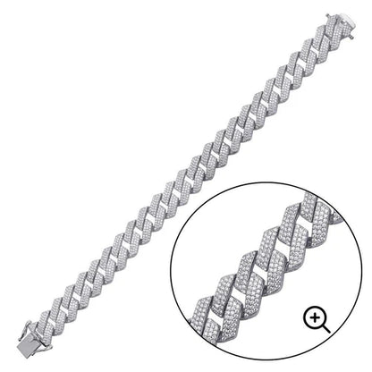 925 Sterling Silver Rhodium Plated CZ Encrusted Miami Cuban Link 13mm Chain or Bracelet