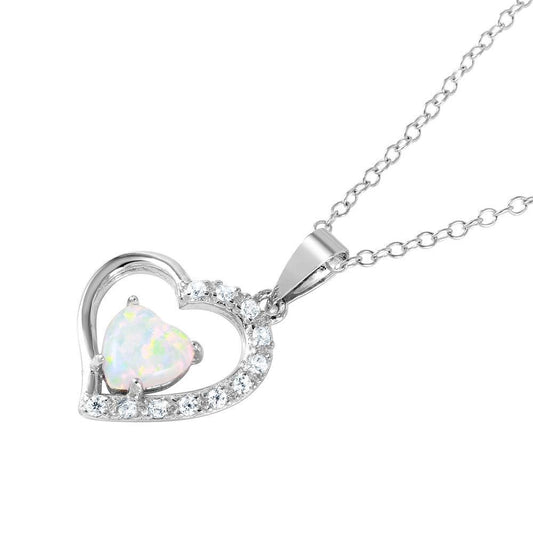 925 Sterling Silver Rhodium Plated CZ Open Heart with Heart-shaped Opal Necklace