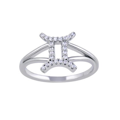 925 Sterling Silver Rhodium Plated Gemini CZ Zodiac Sign Ring