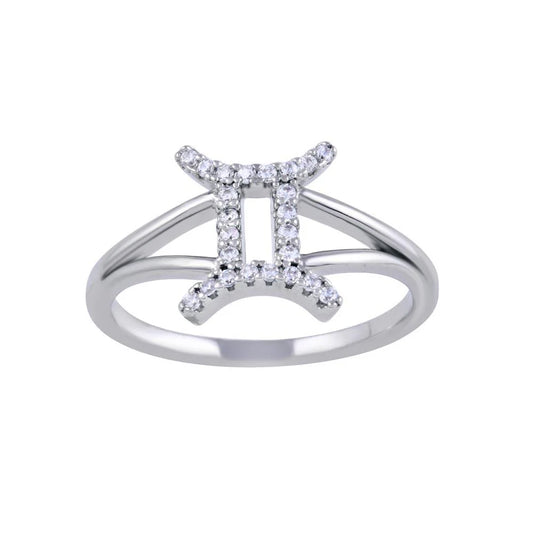 925 Sterling Silver Rhodium Plated Gemini CZ Zodiac Sign Ring